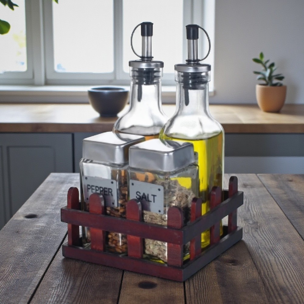 Оливерник и солници 4 части, стъкло, на дървена поставка - оградка Оливерници