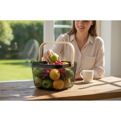 Мрежеста кошница за съхранение с дървена дръжка – Скандинавски стил, Черен мат