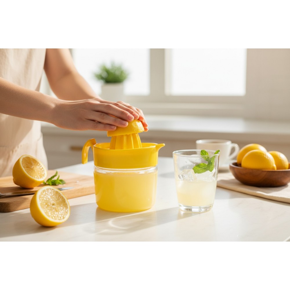 Практична цитрус преса с контейнер и чучур за лесно изливане 