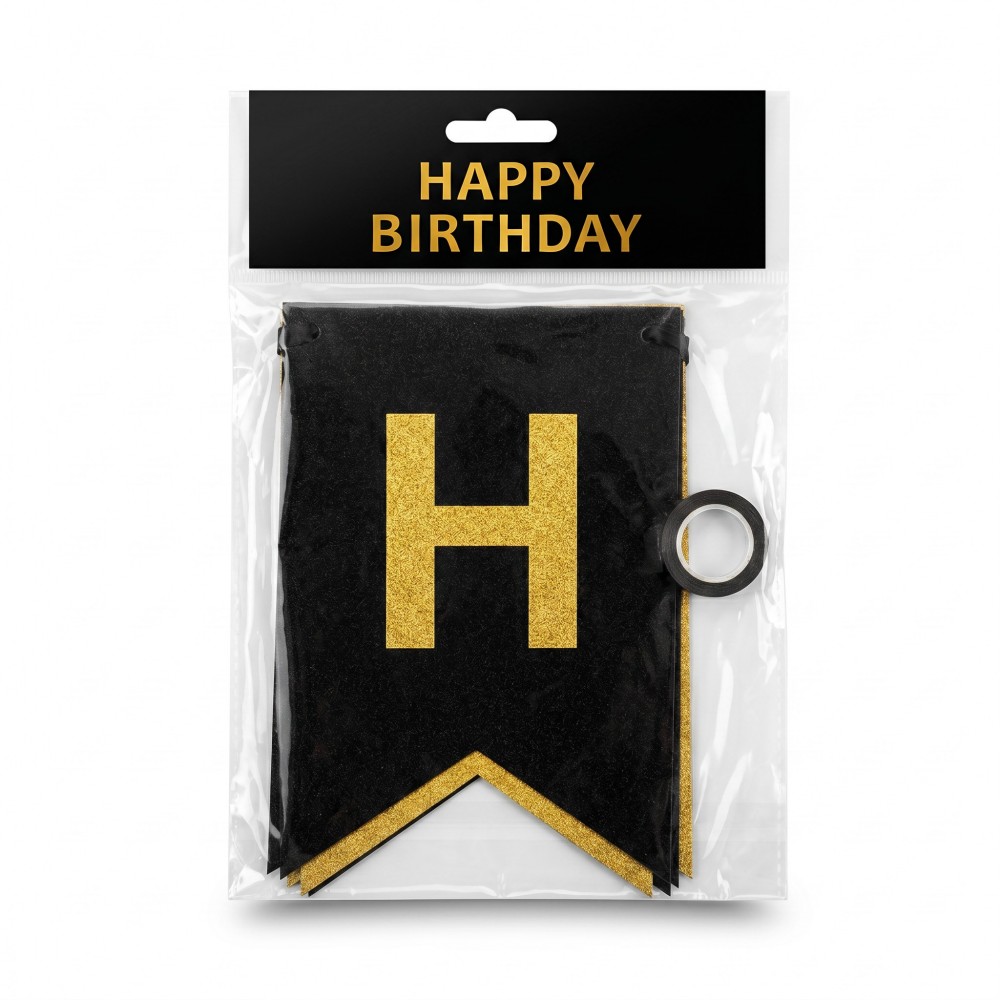 Стилен черен надпис от флагчета „Happy Birthday“ с бляскав ефект 