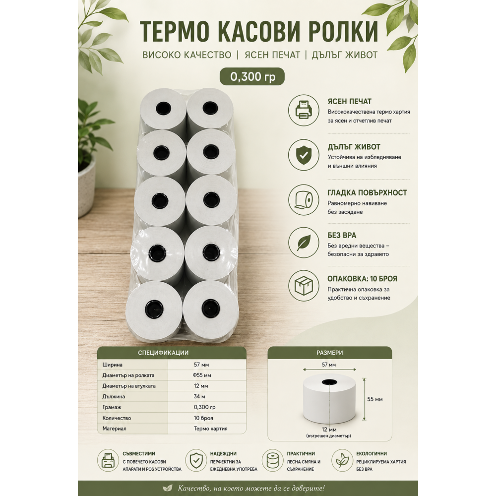 Термо касови ролки 57 мм / Ф55 / 34 м Канцеларски материали