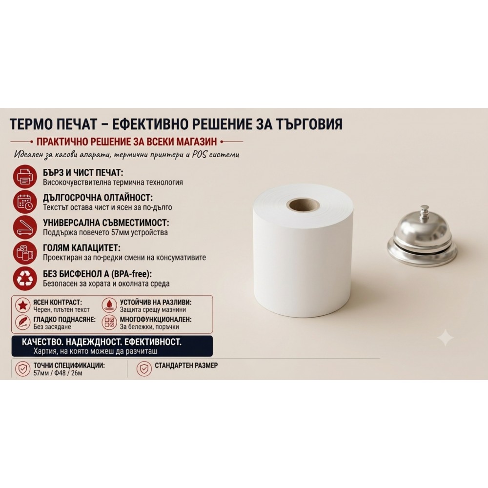 Термо касови ролки 57 мм / Ф48 / 26 м Канцеларски материали