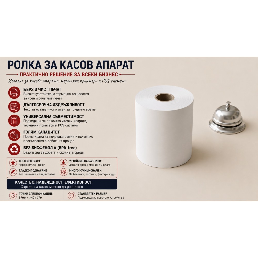 Термо касови ролки 57 мм / Ф40 / 17 м Канцеларски материали