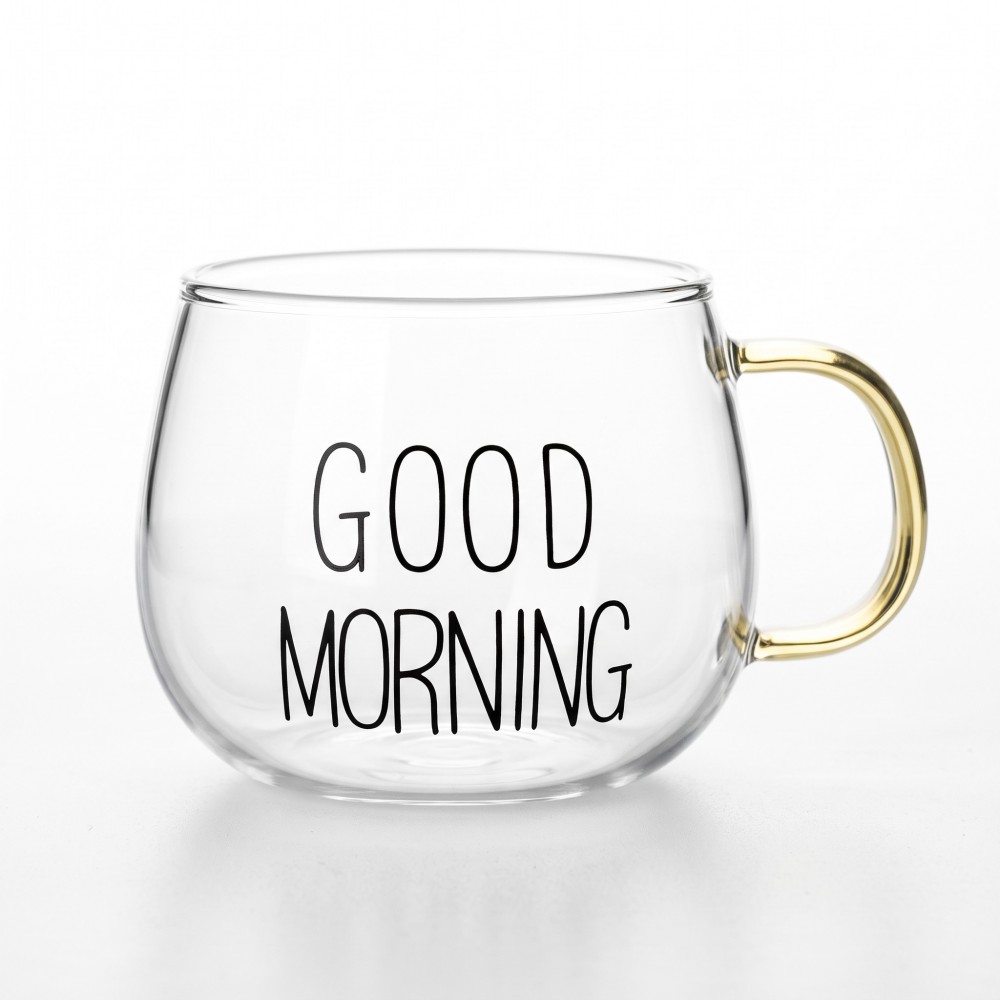 Прозрачна стъклена чаша "GOOD MORNING" със златиста дръжка Прозрачна стъклена чаша "GOOD MORNING" със златиста дръжка