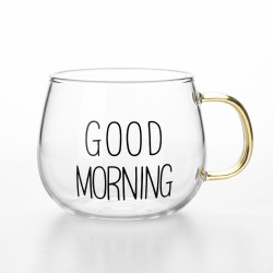 Прозрачна стъклена чаша "GOOD MORNING" със златиста дръжка Прозрачна стъклена чаша "GOOD MORNING" със златиста дръжка