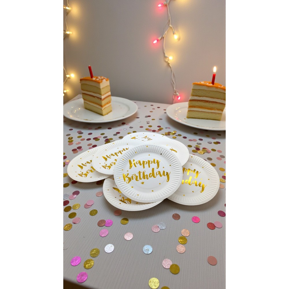 Парти чинии „Happy Birthday“ със златен надпис 