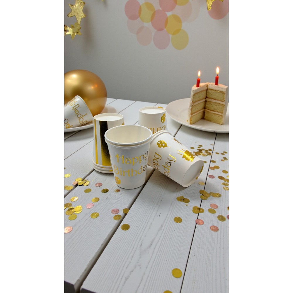 Парти чаши „Happy Birthday“ със златен акцент 