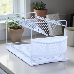 Сушилник за чинии на 2 нива  с пластмасов кош за прибори-БЯЛ Сушилници за чинии