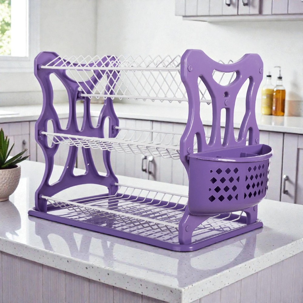 Сушилник за чинии на 3 нива  с пластмасови страници -  Бял с лилаво Сушилници за чинии