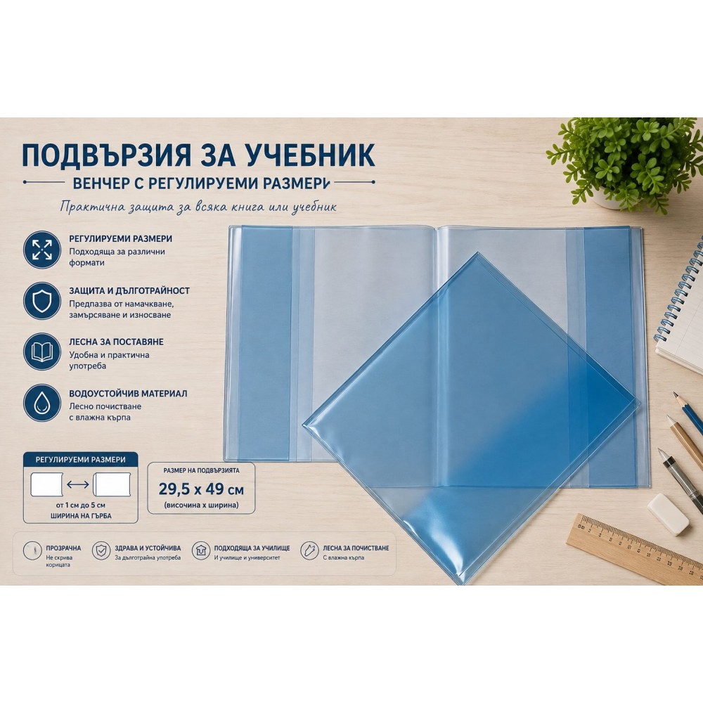 Комплект регулируеми прозрачни подвързии за учебници Канцеларски материали
