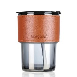 Стъклена чаша Gorgous с капак 425мл  с кожена обвивка и пластмасов капак, Стъклени чаши