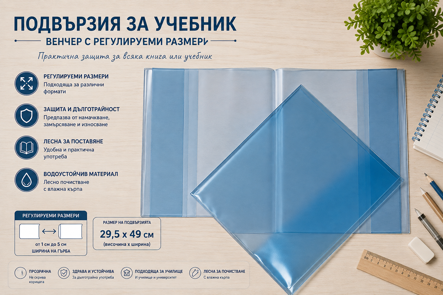 Комплект регулируеми прозрачни подвързии за учебници