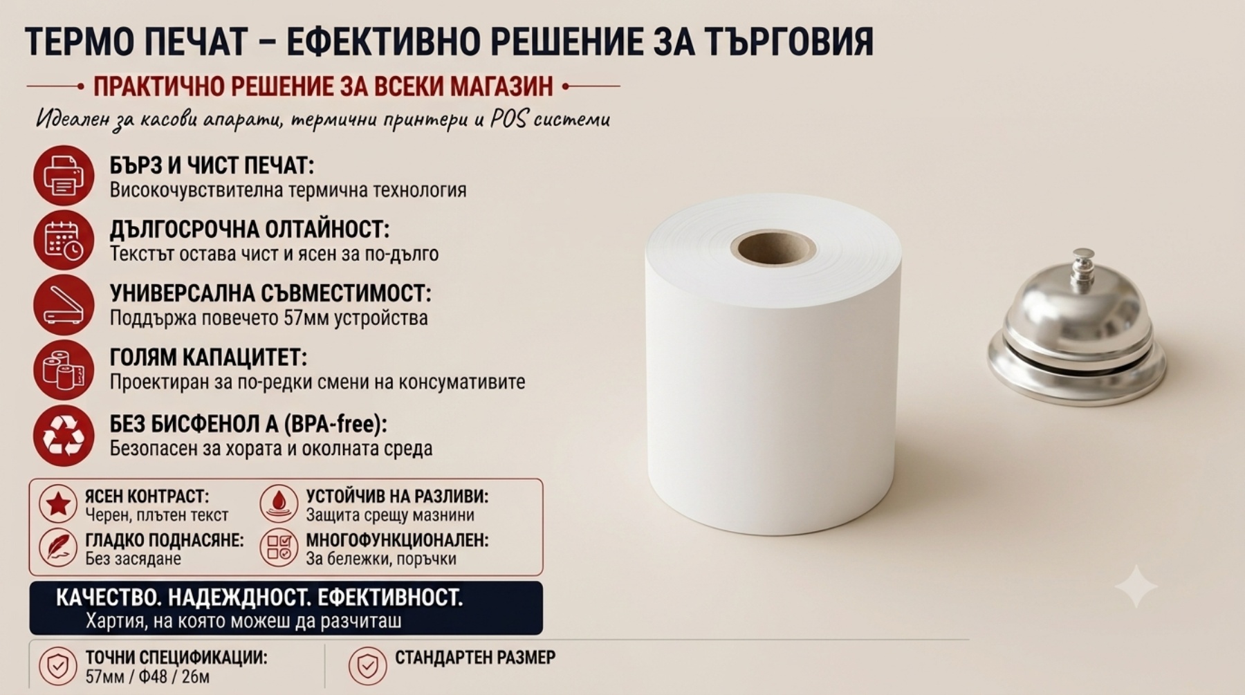Термо касови ролки 57 мм / Ф48 / 26 м
